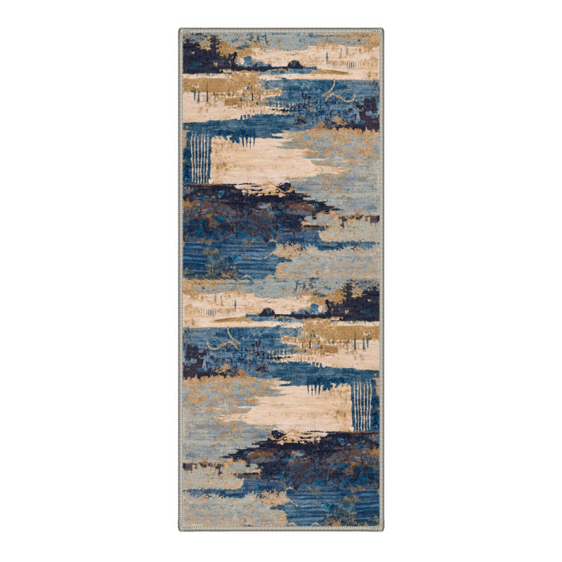 Abdul Abstract Landscape Machine Washable Navy / Gold Indoor Area Rug With Non-Slip Backing, Navy/Gold, Runner 2'3" x 6'
