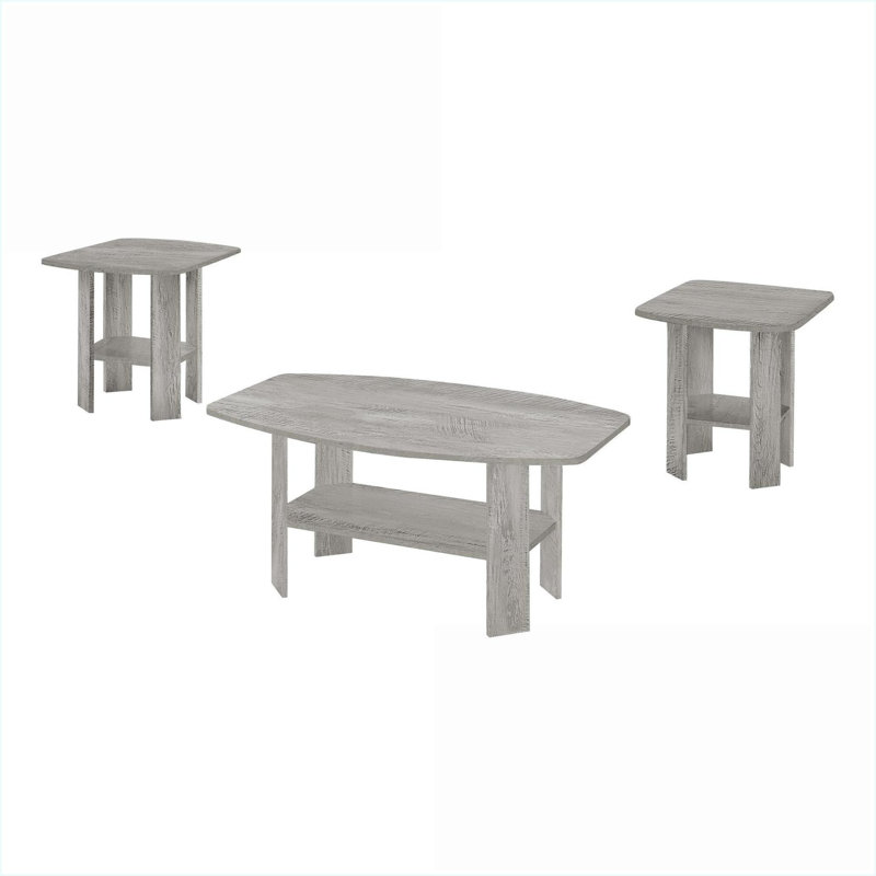Ensemble de tables basses 3 pièces à finition bois gris pour salon, bords arrondis et amp; Tablettes inférieures, Bois gris