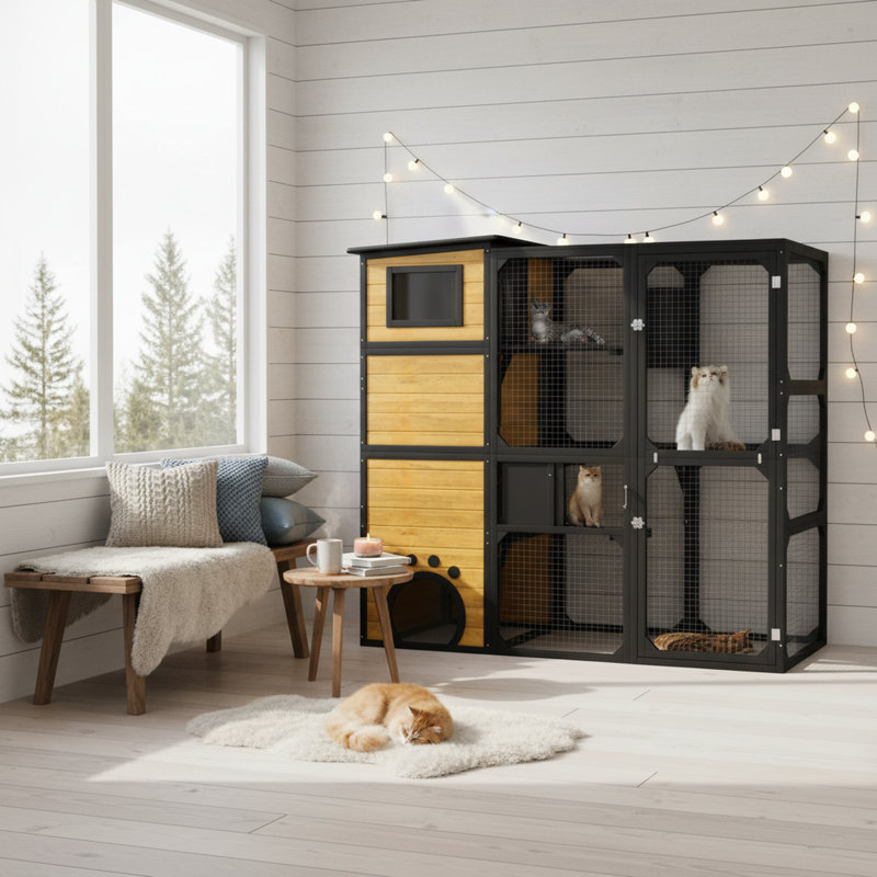 Meuble de litière en bois pour chat avec plateforme à plusieurs niveaux, fenêtre et toit résistant aux intempéries, brun