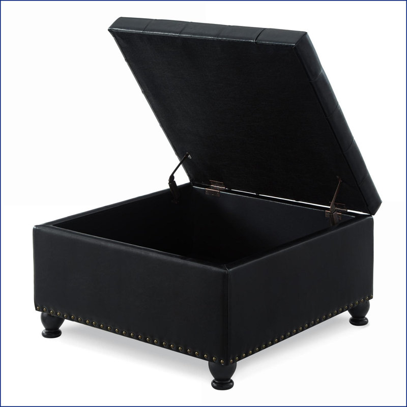Repose-pieds avec rangement, carré capitonné traditionnel - Salon / Chambre à coucher | Noir | Bois massif