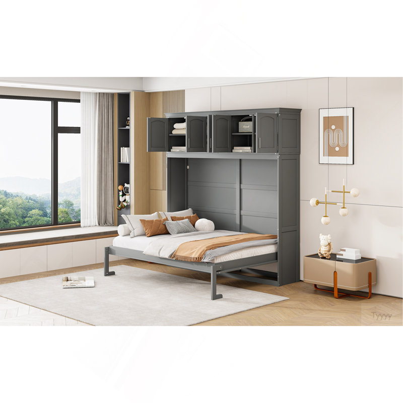 Lit escamotable double pleine grandeur avec armoires supérieures, Gris, Lit double