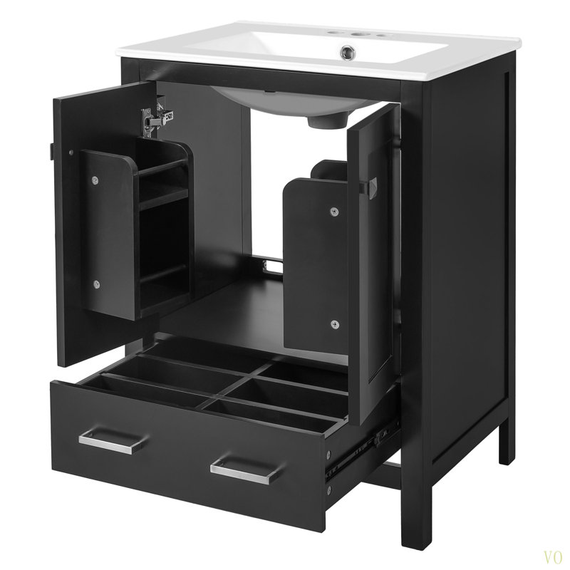 Meuble-lavabo de 24 pouces avec lavabo encastré intégré et armoire de rangement avec 2 portes et 1 tiroir. Comprend une tablette de porte à double couche, une conception à fermeture douce et des solutions de rangement polyvalentes