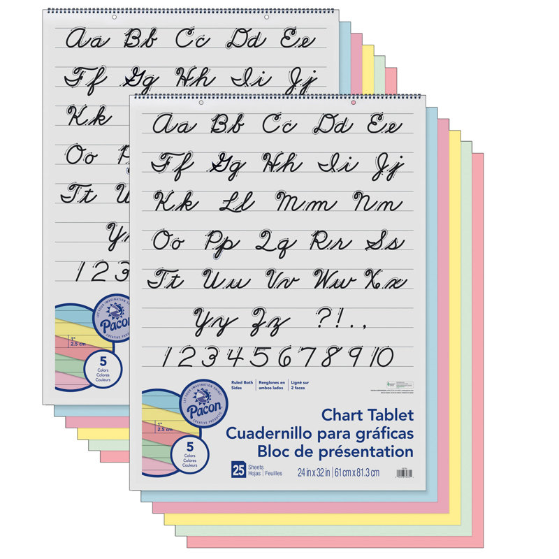 Pacon Corporation Coloured Paper Chart Tablet, Cursive Cover, 5 Assorted Colours, 1" Ruled, 24" X 32", 25 Sheets, Pack Of 2