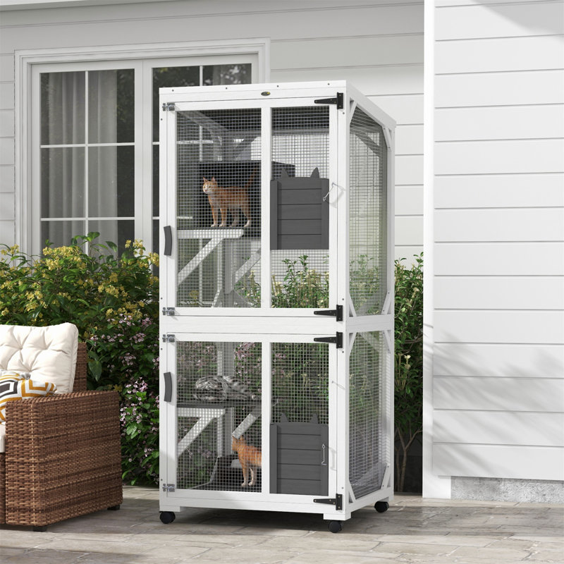 Catio en bois avec toit imperméable, spacieuse enceinte intérieure et extérieure pour 1 à 3 chats, boîte de repos surélevée et roues