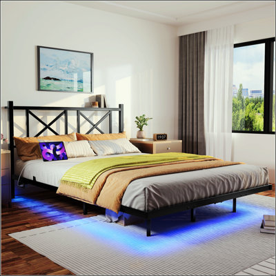 Queen Size Floating Bed Frame With Headboard, Storage, USB Charging, LED Lights, And Heavy Duty Steel Slats, Easy Assembly, Black