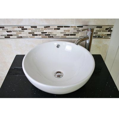 Belfry Bathroom Dandor 430mm White Ceramic Round Countertop Basin Bathroom Sink with Faucet and Overflow