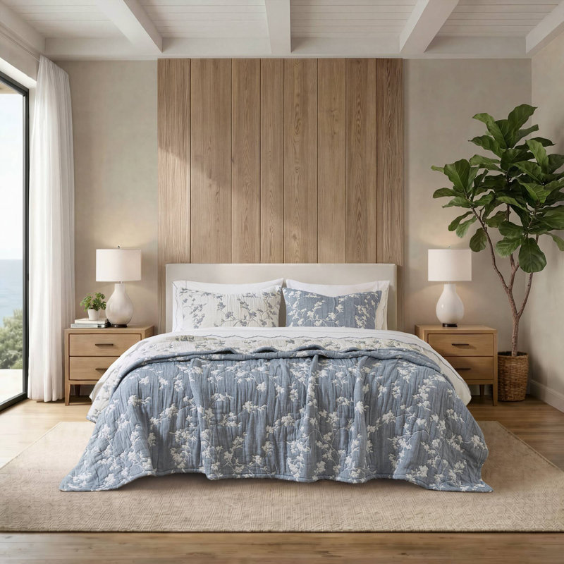 Catalina Botanical 3 Piece Jacquard Cotton Gauze Quilt Set, Full/Queen, Navy