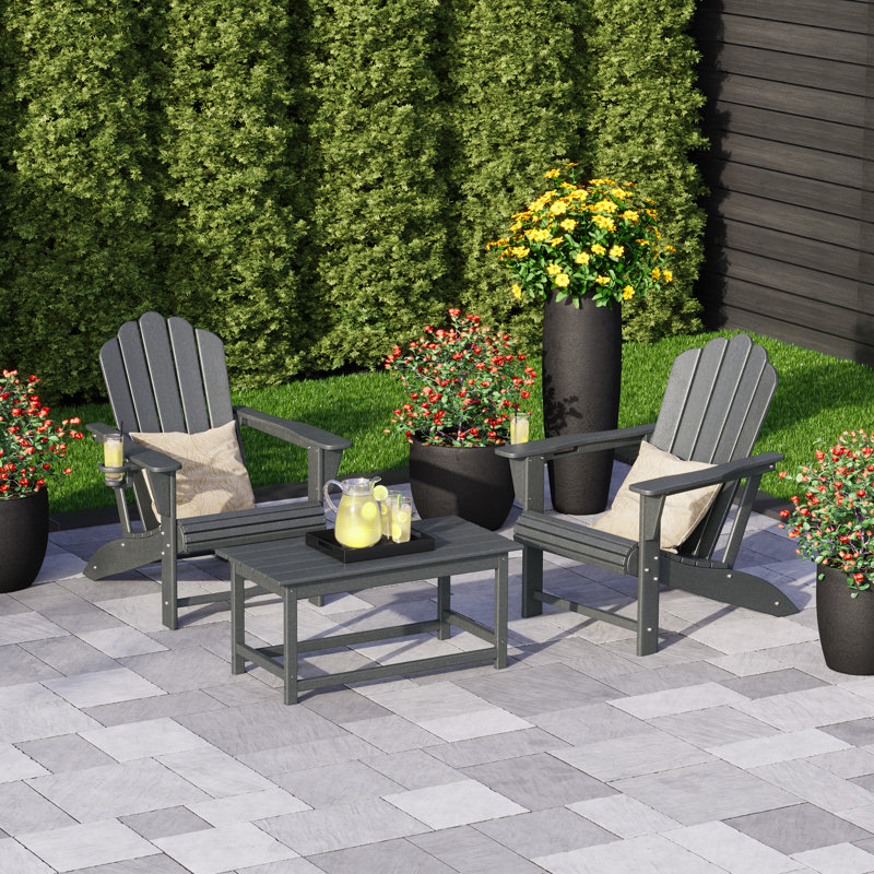 Outdoor Poly Adirondack Chair Set With Coffee Table, Gray