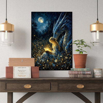 Canvas Wall Art Blue Dragon Girl Reading Book Moonlit Forest Art Vintage Poster Print Home Decor