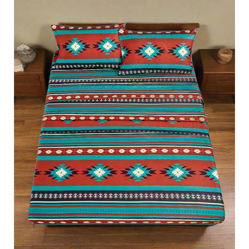 Microfiber Multicolor Southwestern Tribal Aztec Sheet Set, King Sheet Set with 2 Pillowcases, Cream/Red/Blue