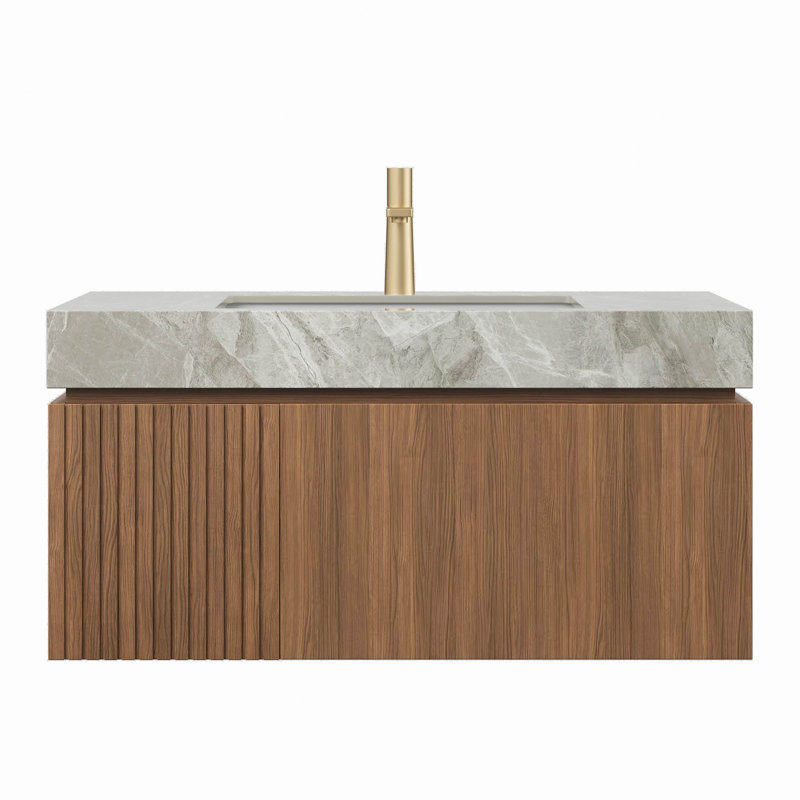 Meuble-lavabo 36 po, armoire de rangement en contreplaqué flottant avec tiroir et porte, comptoir en pierre frittée gris clair et lavabo en céramique avec 1 trou de robinet pré-percé, pré-assemblé