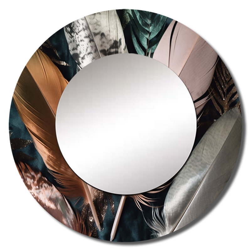 Periana rose plume Boho Majesty II - miroir de plumes glam, miroir mural rond rose, impression sur métal, 29 po x 29 po