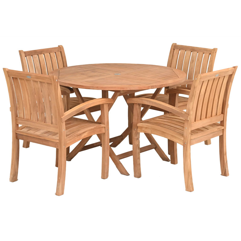 5 Piece Teak Wood Dining Set Including 47" Round Java Table And 4 Abacho Arm Chairs