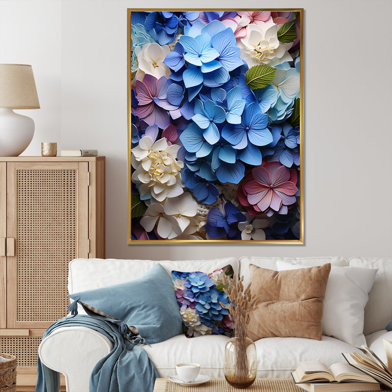 «Jeiner Blue Hydrangea Garden Enchantment», reproduction sur toile, H 32 po x l 16 po x P 1 po, Cadre flottant doré
