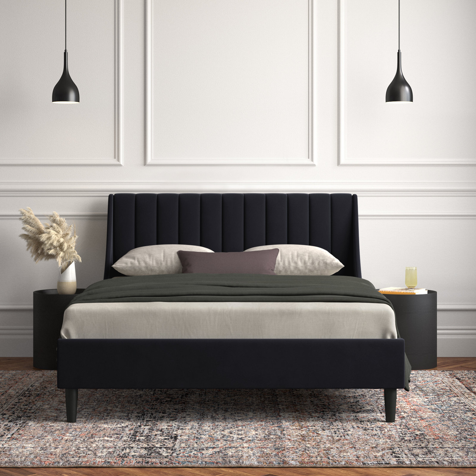 Helaina Upholstered Wingback Bed, Queen, Olive Green Velvet