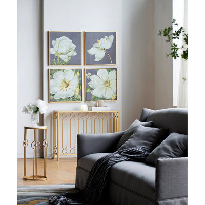 4 White And Gold Botanical Wall Art, 20” X 20”, Home Decorative Pieces, Microfiber Material, Hallway Decor , Neutral Colorway For Various Rooms