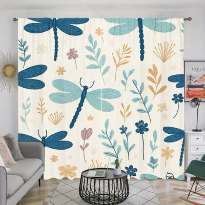 2Pcs Dragonflies Floral Curtains, Insect Botanical Pattern, Rod Pocket Window Drapes, Rustic Countryside Style, Living Room Bedroom Study Window Decor