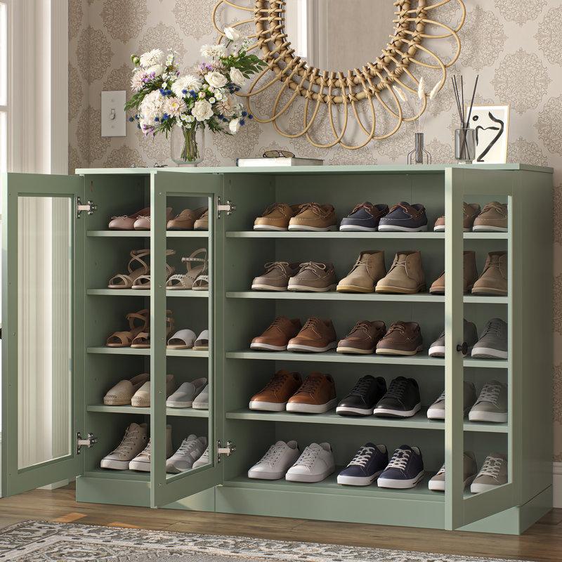 Armoire de rangement à chaussures 100% en bois massif avec porte en verre, tablettes réglables, rangement modulaire pour vestibule, l 48,5 po x H 35,75 po