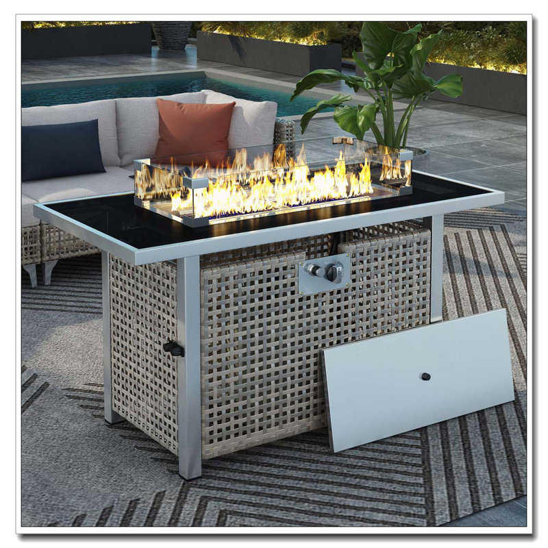 Foyer de table 43 po au gaz propane, foyer extérieur rectangulaire en osier à tissage ouvert de 60000 BTU avec pare-vent en verre pour terrasse extérieure