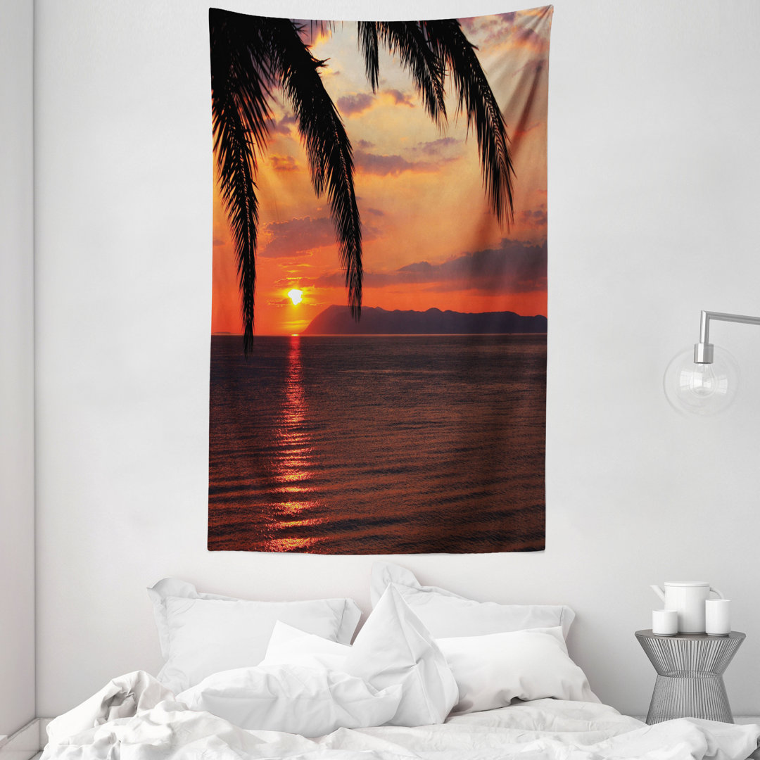 Wandteppich, Sonnenaufgang auf Meer und Palmen, Exotisch, Orange Gelb