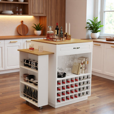 Modern Kitchen Island Bar Cabinet With Retractable Dining Table, Rolling Wheels, Wine Rack, Glass Holder, 1 Cabinet, 5 Drawers And Side Storage