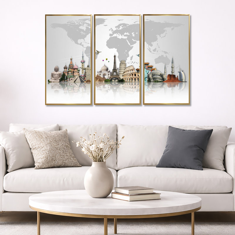 "Famous Monuments Across World", 3 pièces, cadre flottant, impression sur toile, H 32 po x l 48 po, Or