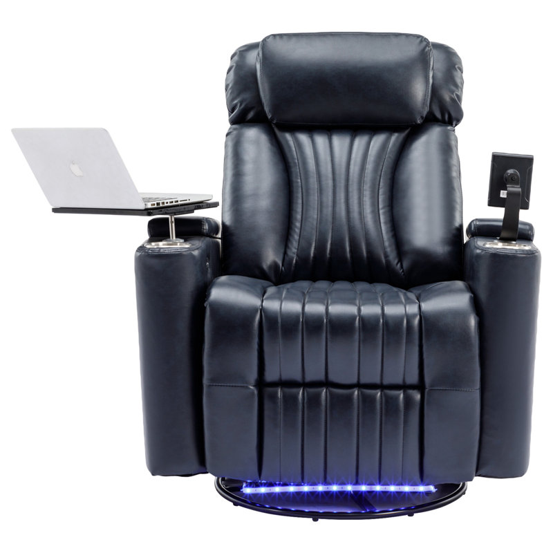 Swivel Recliner With Hidden Arm Storage and  LED Light Strip, Blue