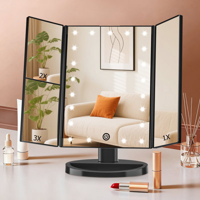 Modern Rectangle Tri-Fold LED Lighted Vanity Magnifying Makeup Mirror, Black