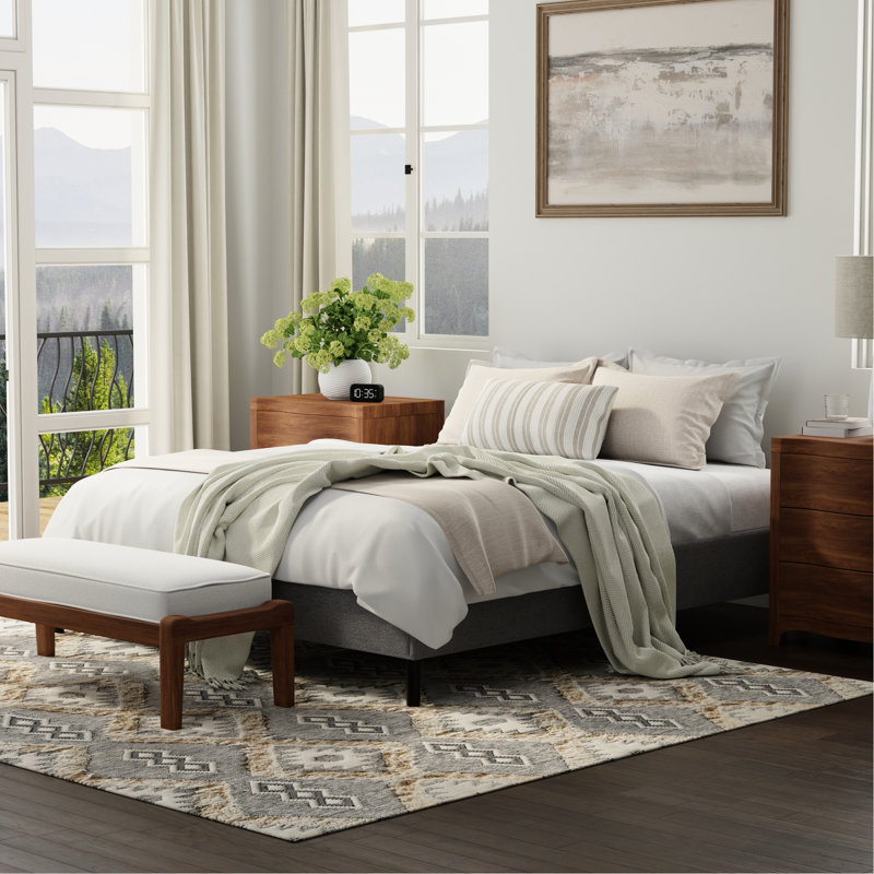 Base de lit rembourrée et grise, conçue pour les configurations de matelas standard, installation simple, cadre gris à haute limite de poids, matelas A, offre un soutien solide, pratique