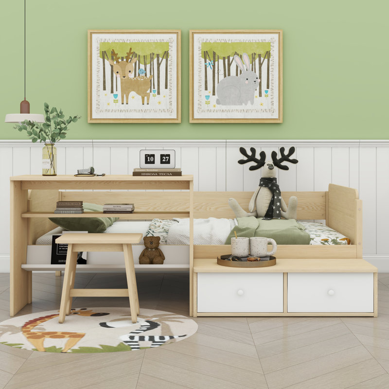 Ensemble de lit plateforme avec 2 tiroirs et 1 chaise et bureau Anashia, Naturel / blanc
