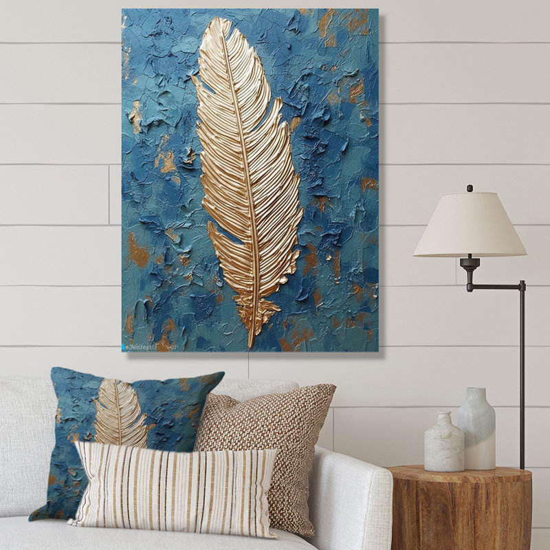 «Boho Glam Exquis Gold on Blue Feather», reproduction d'art sur toile, H 32 po x l 24 po x P 1 po, Toile tendue