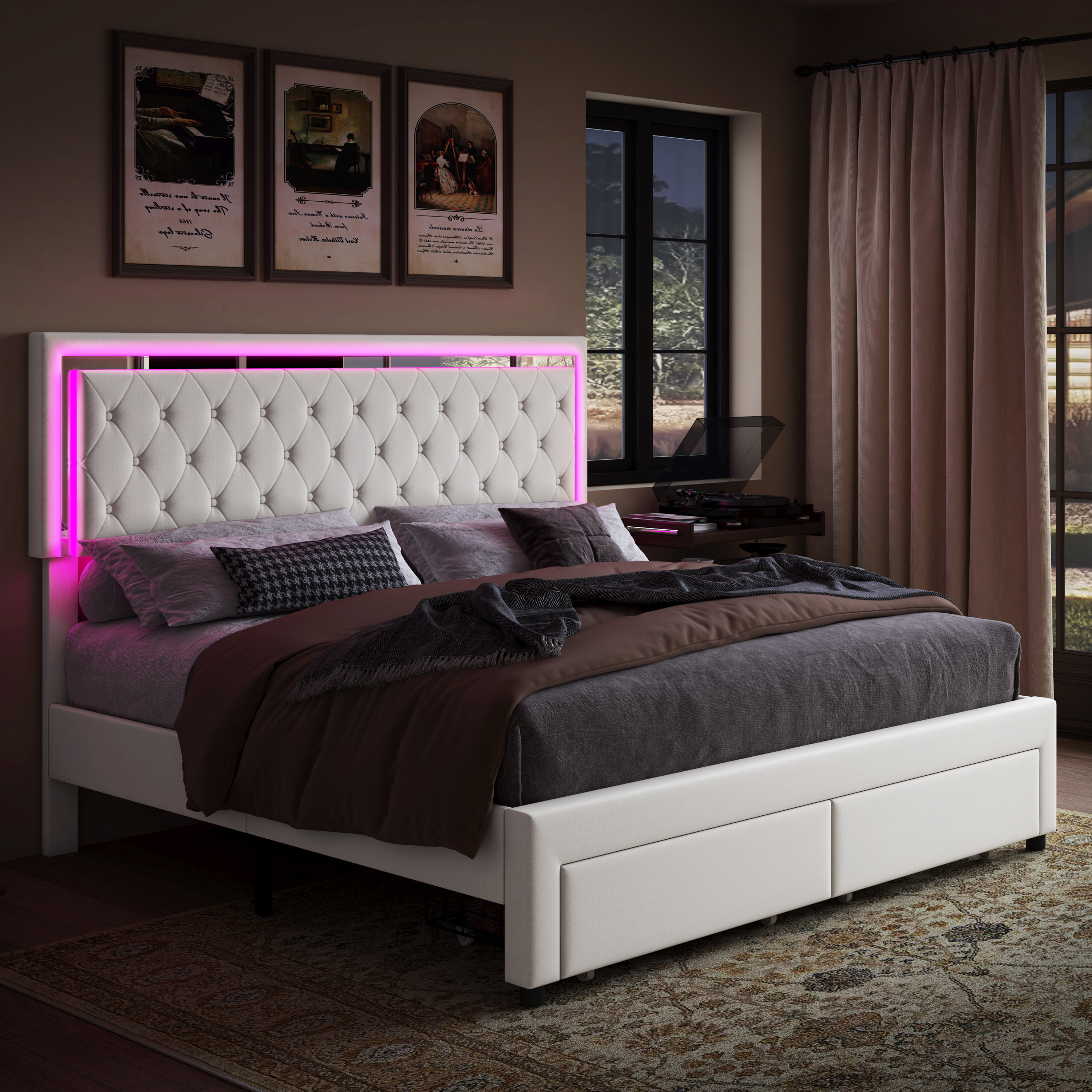 Wade Logan Bed Frame with Two Storage Drawers & LED Headboard Acrylic ...