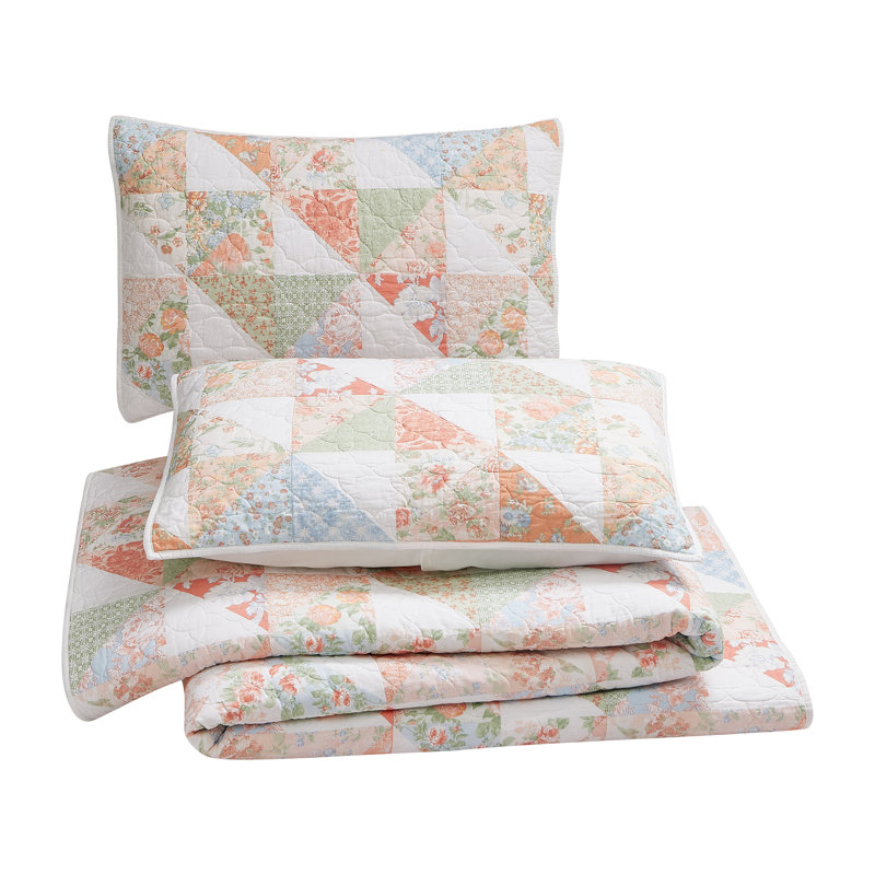 Coventry White Cotton Twin Quilt Set with Floral Patchwork