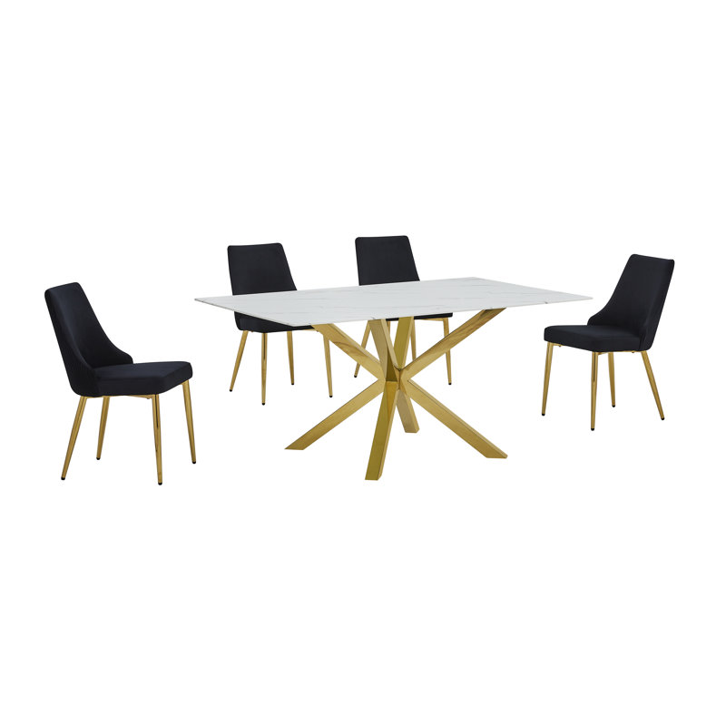 Ensemble de salle à manger en verre L 63 po x l 39 po avec motif en marbre blanc, 5, Noir