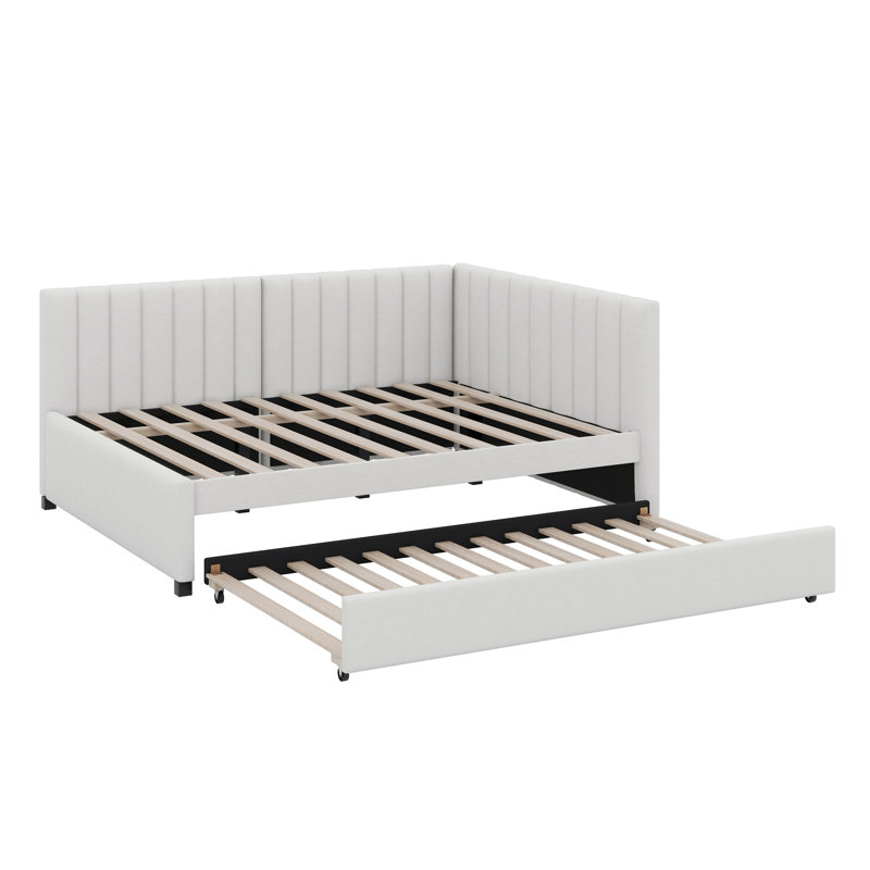Upholstered Daybed With Trundle Sofa Bed Frame, Beige