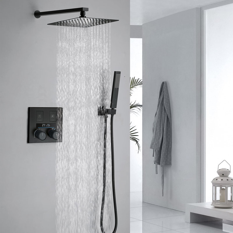 Système de douche thermostatique mural à affichage numérique avec douchette, robinetterie de douche à 2 poignées et ensemble de garnitures de douche en laiton