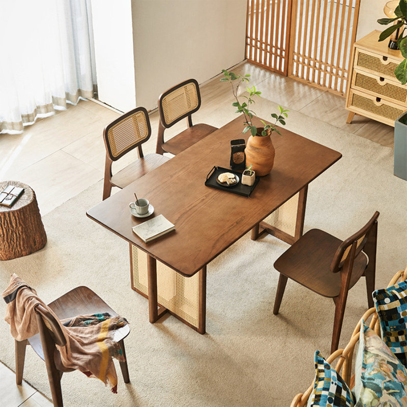 Table de salle à manger brune + beige rectangulaire en bois massif + rotin, H 29,13 po x l 70,87 po x L 33,46 po