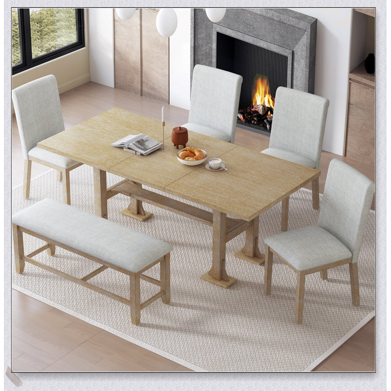 Farmhouse 6-Piece Extendable Dining Set with Trestle Table, Removable Leaf, Upholstered Chairs, and Bench for Versatile Seating