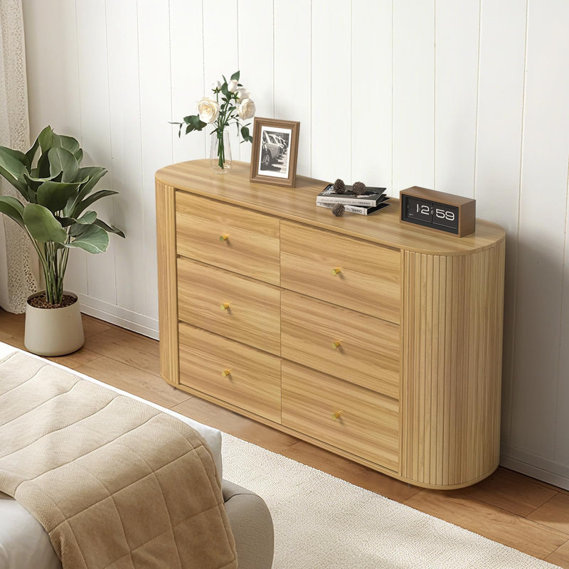 Mid Century Modern 6 Drawer Dresser, 60" Wide Wood Chest, Metal Handles, Curved Design, Bedroom Storage