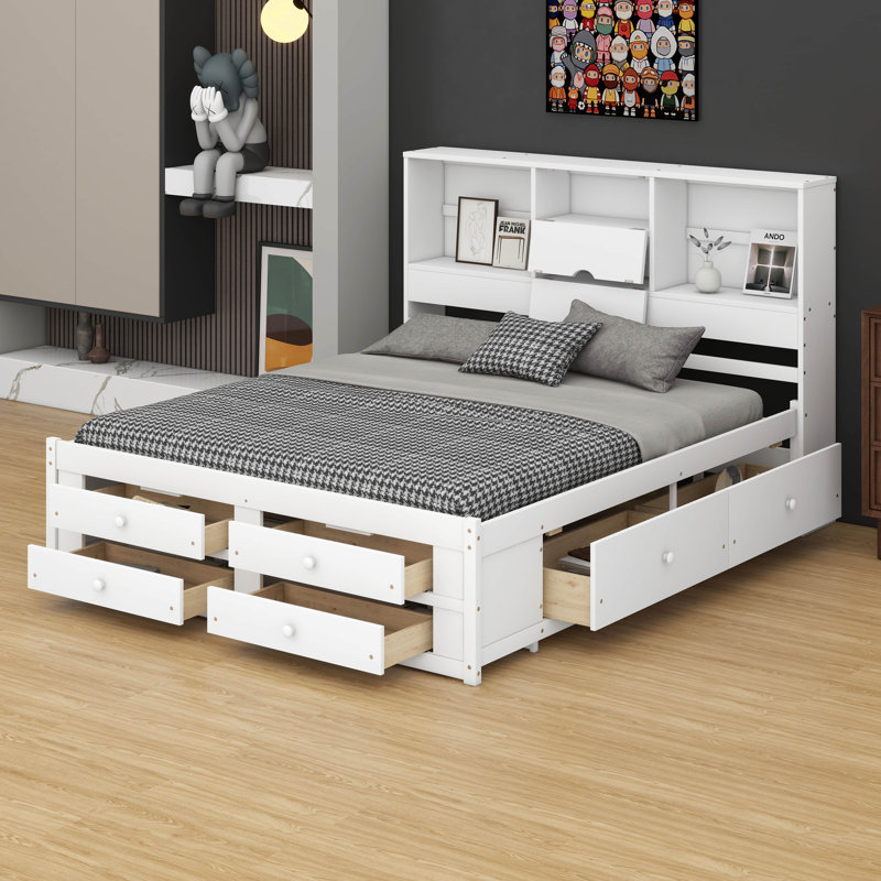 Lit plateforme très grand en bois avec tête de lit avec rangement et 8 tiroirs, Blanc