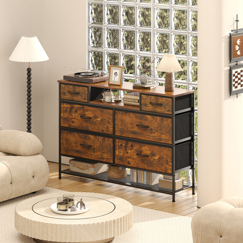 Metal 120cm W 6 - Drawer Chest of Drawers, Rustic Brown/Black