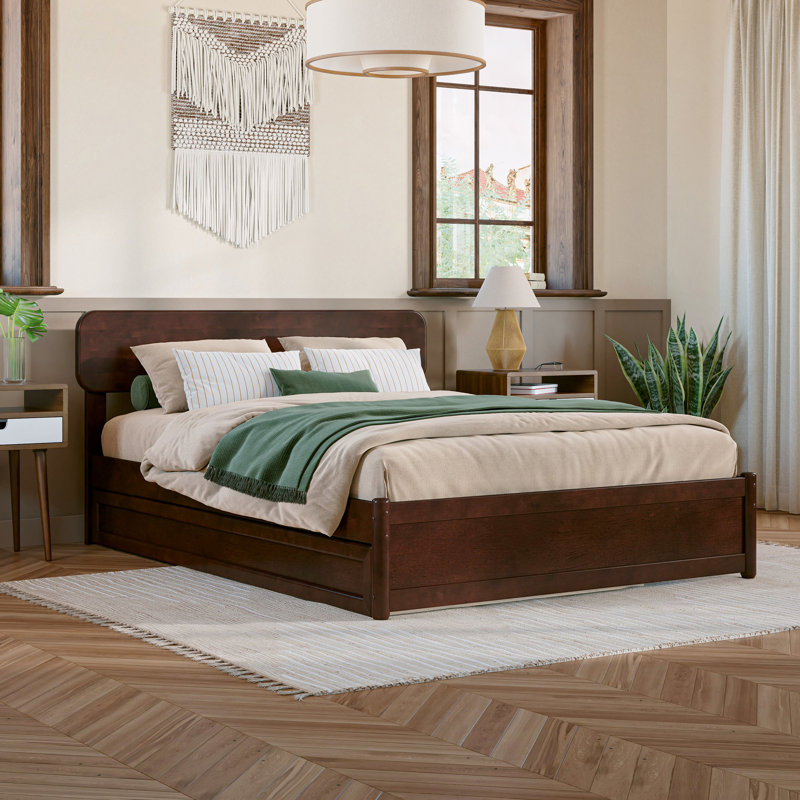 Lit plateforme en bois massif avec lit gigogne assorti Ause, Noyer, Double