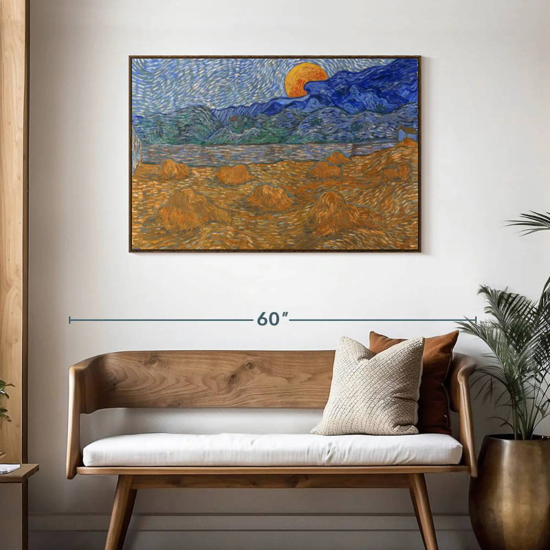 Gerbes de blé et lune montante, 43 po x 29 po, Cadre flottant noyer
