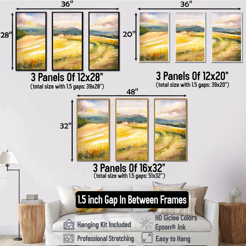 «Golden Fields of Tuscany Italy», reproduction sur toile flottante 3 pièces, H 28 po x l 36 po, Noir