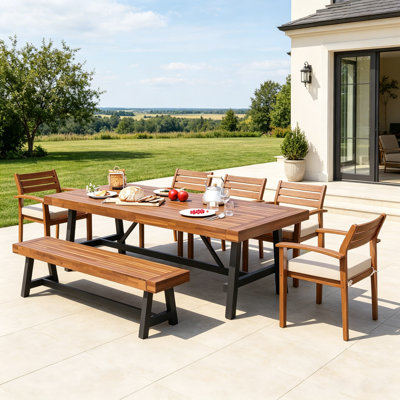 7-Piece Outdoor Soild Wood Dining Set, with 5 Ergonomic Cushions Chairs, Bench and Spacious Table, Patio Furniture Set For 7-8 Person