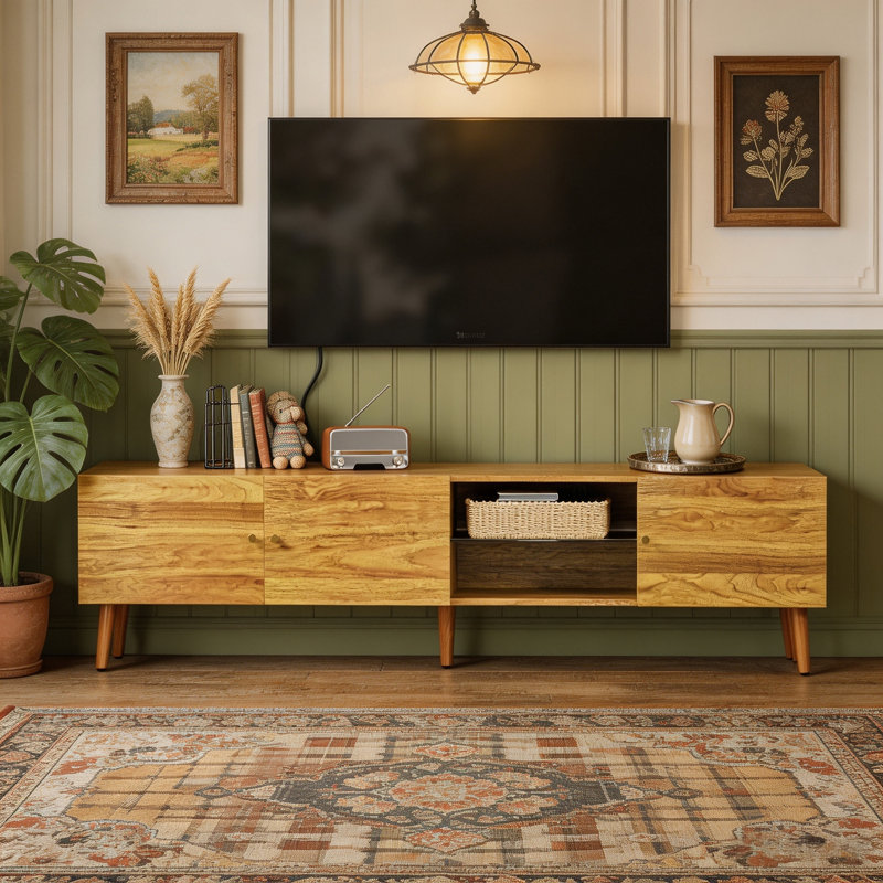 Meuble télé moderne de style milieu du siècle de 70 pouces avec rangement, centre multimédia avec étagères ouvertes et placards – Console multimédia pour salon, chambre