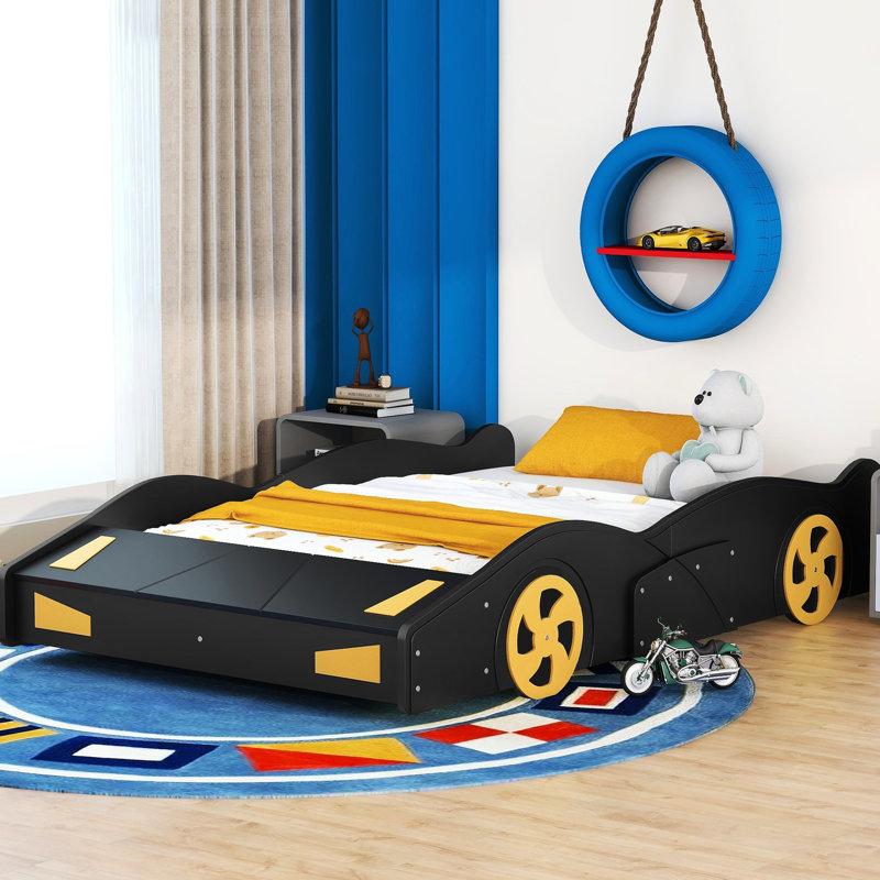 Lit plateforme confortable de style voiture de course avec matériaux de rangement spacieux, Noir, Lit double