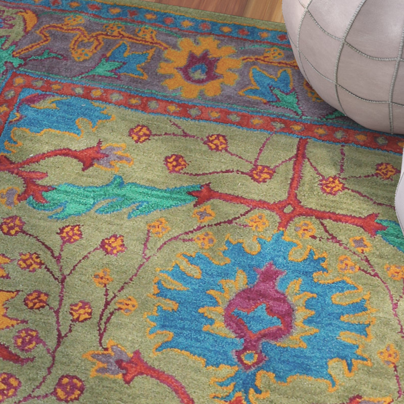 Tapis bleu / rouge / vert / jaune en laine touffeté à la main Earna, Rectangle 7 pi 9 po x 9 pi 9 po