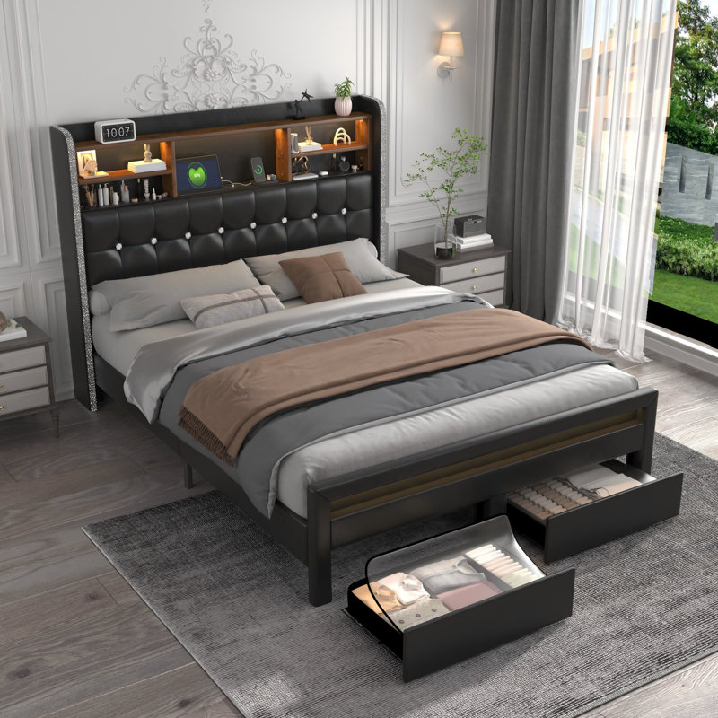 Bed Frame with Bookcase Storage Headboard and 2 Drawers Upholstered Tufted Wingback Beds, White, King