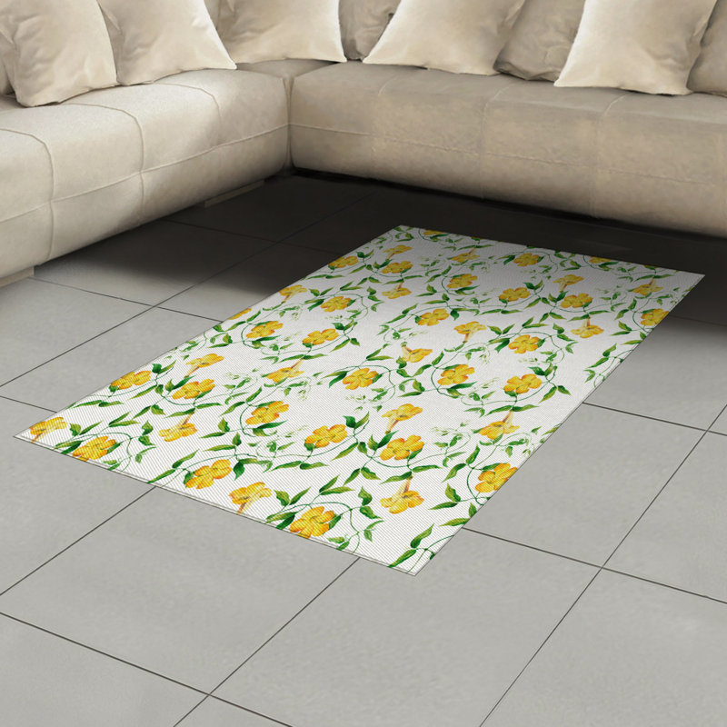 Yellow Flower High Density Long Fiber Poly Threads Decorative Area Rug Carpet, Rectangle 4' x 5'8"